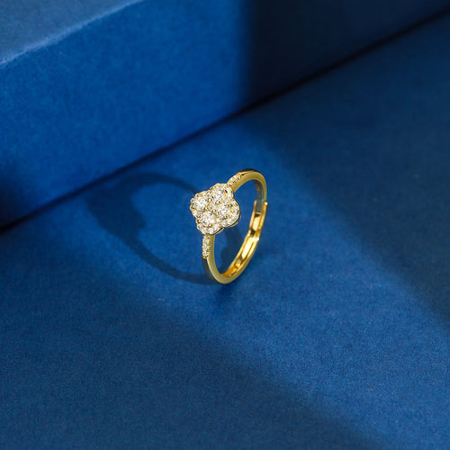 Four-Leaf Clover Zircon Adjustable Ring – 925 Sterling Silver