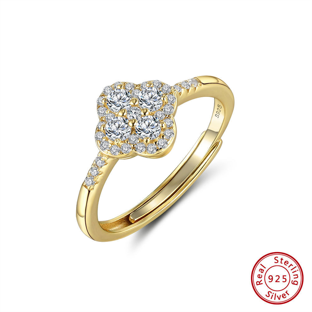 Four-Leaf Clover Zircon Adjustable Ring – 925 Sterling Silver
