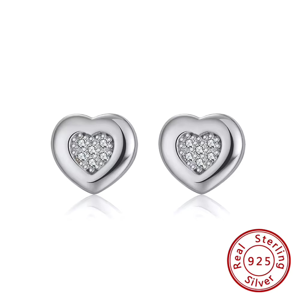 Heart Stud Earrings – 925 Sterling Silver with Zircon
